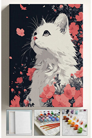 Sayılarla Boyama Çerçeveli Hobi Seti Numaralı Tuval Fırça Boya Dahil Kasnaklı BEYAZ KEDİ 40X50 Cm