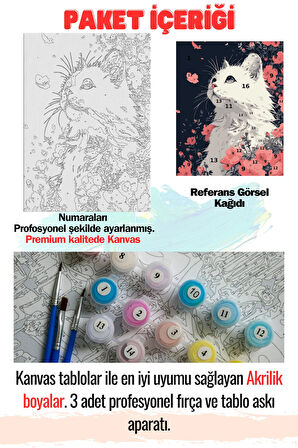 Sayılarla Boyama Çerçeveli Hobi Seti Numaralı Tuval Fırça Boya Dahil Kasnaklı BEYAZ KEDİ 40X50 Cm