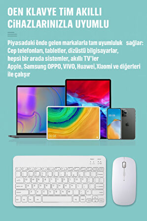  Kablosuz Bluetooth Klavye + Mouse Seti (iOS / Android / Windows Uyumlu) BEYAZ
