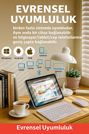  Kablosuz Bluetooth Klavye + Mouse Seti (iOS / Android / Windows Uyumlu) BEYAZ