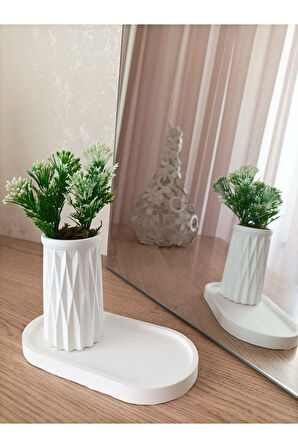 MİNİ DESENLİ BETON SAKSI TEKLİ VE OVAL TABAK - YAPAY ÇİÇEK HEDİYELİ