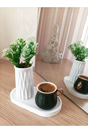 MİNİ DESENLİ BETON SAKSI TEKLİ VE OVAL TABAK - YAPAY ÇİÇEK HEDİYELİ