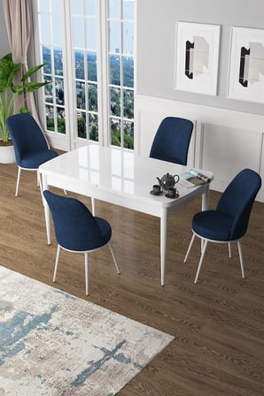 Zen Serisi 80x132 Mdf Açılabilir Beyaz Masa Takımı Ve 4 Lacivert Sandalye