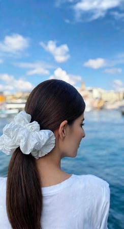 Beyaz Pliseli Kumaş Scrunchie Saç Tokası - Standart Boy Dokulu Saç Lastiği Aksesuarı
