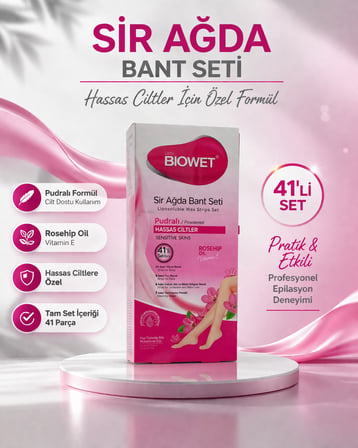 Biowet Pudralı Sir Ağda Bant Seti 41’Li Hassas Ciltler İçin Rosehip Vitamin E Epilasyon Seti 1 Paket