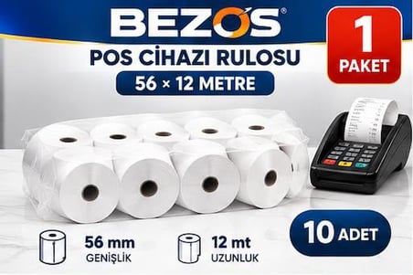 Bezos Termal POS Cihazı Rulosu 56 mm x 12 m - 10 Adet (1 Paket) Yazar Kasa Slip Rulosu BEZOS1