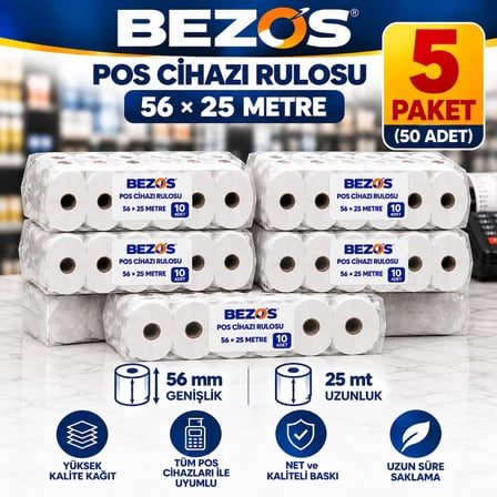 Bezos Termal POS Cihazı Rulosu 56 mm x 25 m - 50 Adet (5 Paket) Yazar Kasa Slip Rulosu BEZOS1