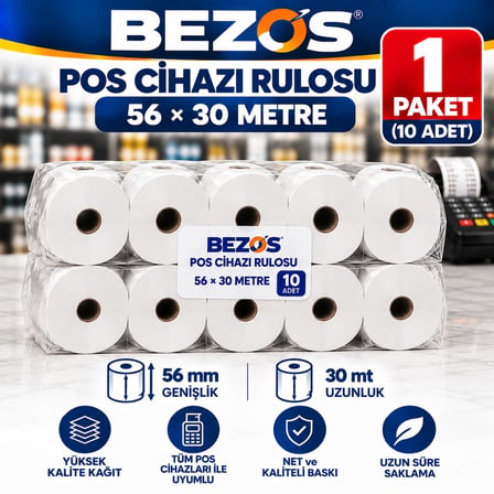 Bezos Termal POS Cihazı Rulosu 56 mm x 30 m - 10 Adet (1 Paket) Yazar Kasa Slip Rulosu BEZOS1