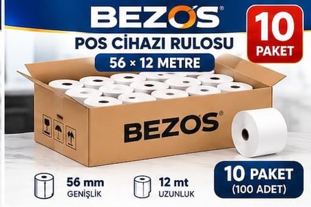 Bezos Termal POS Cihazı Rulosu 56 mm x 12 m - 100 Adet (10 Paket) Yazar Kasa Slip Rulosu BEZOS1
