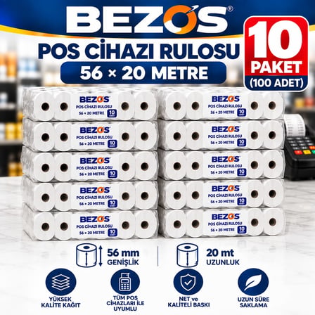 Bezos Termal POS Cihazı Rulosu 56 mm x 20 m - 100 Adet (10 Paket) Yazar Kasa Slip Rulosu BEZOS1