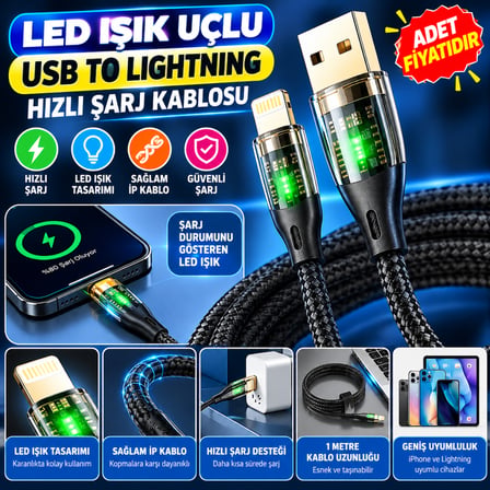 Bezos Led Işık Uçlu Sağlam İp Kablolu USB to Lightning Hızlı Şarj Kablosu BEZOS1