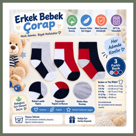 Bezos Assn Erkek Bebek Çorap USB2202 Gri Melanj (adet fiyatıdır) · Beden: 3-6 Ay · Renk: Gri Melanj BEZOS1