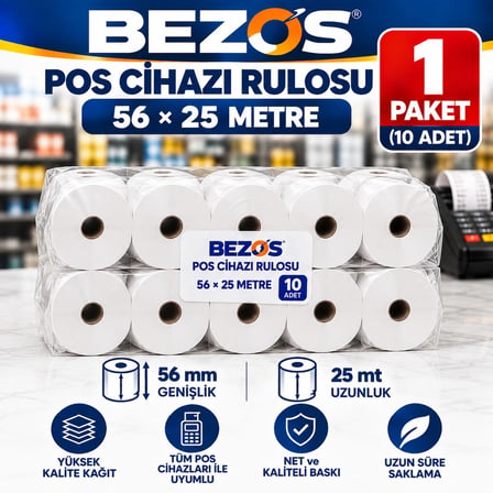 Bezos Termal POS Cihazı Rulosu 56 mm x 25 m - 10 Adet (1 Paket) Yazar Kasa Slip Rulosu BEZOS1