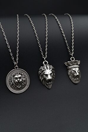 3'lü Aslan Kral Aslan Madalyon Taç Erkek Kadın Kolye Seti Gümüş Kaplama - 60 cm Zincir