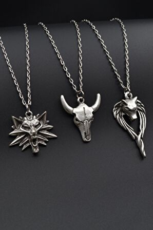 3'lü The Witcher Kurt Anubis Ceza Tanrısı Buffalo Boğa Erkek Kadın Kolye Seti 925 Ayar Gümüş Kaplama