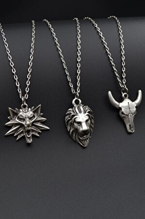 3'lü The Witcher Kurt Anubis ve Buffalo - Boğa Erkek Kadın Kolye Seti 925 Ayar Gümüş Kaplama