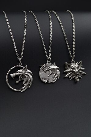 3'lü Witcher Çember Madalyon 3 Boyutlu Erkek Kadın Kolye Seti Gümüş Kaplama - 60 cm Zincir