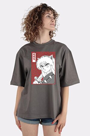 Füme %100 Pamuk Bisiklet Yaka Oversize T-shirt Inuyasha