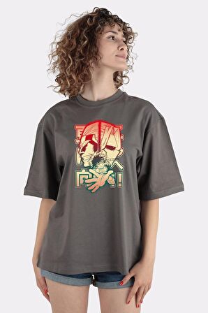 Füme %100 Pamuk Bisiklet Yaka Oversize T-shirt Plus Ultra Hero