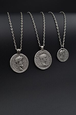 3'lü Antik Roma Sikke Sezar Sikke Madalyon Erkek Kadın Kolye Seti Gümüş Kaplama - 60 cm Zincir