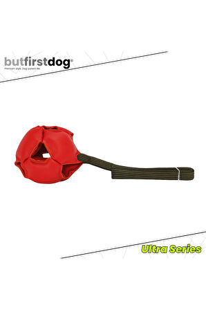 Gerçek Deri Köpek Çekiştirme Topu 12cm Kırmızı – Dayanıklı Antrenman ve Köpek Oyuncağı Uzun Kayışlı Premium Model