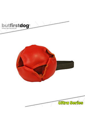 Gerçek Deri Köpek Çekiştirme Topu 12cm Kırmızı – Dayanıklı Antrenman ve Köpek Oyuncağı Uzun Kayışlı Premium Model