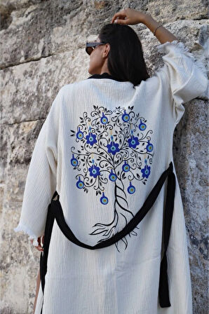 Müslin Kimono %100 Pamuklu Nazar Boncuk Baskılı Desenli Bornoz Kaftan Sabahlık