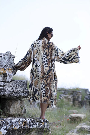 Müslin Kimono %100 Pamuklu Dijital Leopar Baskılı Bornoz Kaftan Sabahlık