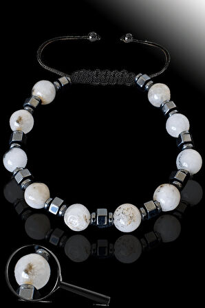 Sertifikalı Hematitli Doğal Beyaz Akik Taşı Bileklik - Ayarlamalı