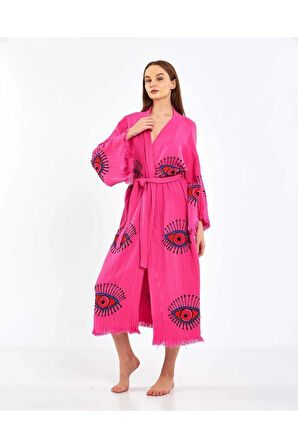 Müslin Kimono %100 Pamuklu Göz Desenli Bornoz Kaftan Sabahlık