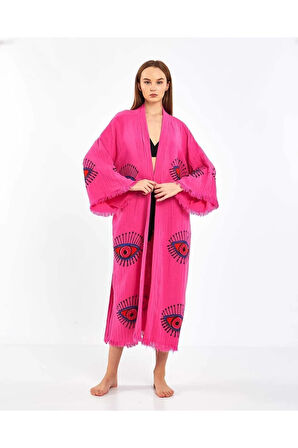 Müslin Kimono %100 Pamuklu Göz Desenli Bornoz Kaftan Sabahlık