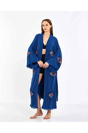 Müslin Kimono %100 Pamuklu Göz Desenli Bornoz Kaftan Sabahlık