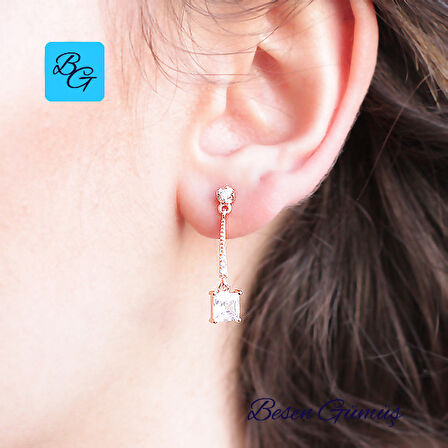 Rose Dikdörtgen Baget Taş Sallantılı Küpe