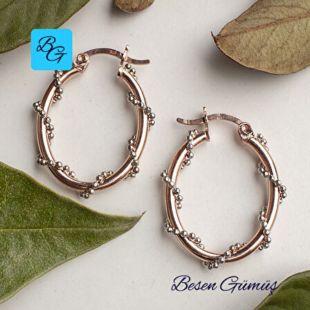 Rose Topçuklu Zincir Sarmalı Oval Halka Küpe