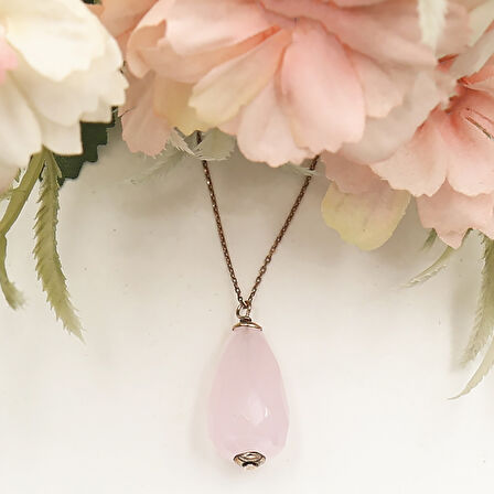 Rose Pembe Kuvars Taşlı Damla Kolye