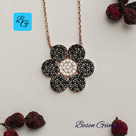 Oniks Zirkon Taşlı Rose Çiçek Kolye