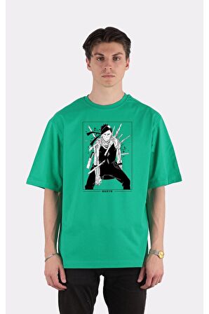 Yeşil %100 Pamuk Bisiklet Yaka Oversize T-shirt Zoro Samurai Wano Kuni Arc