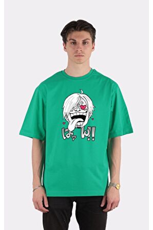 Yeşil %100 Pamuk Bisiklet Yaka Oversize T-shirt Zoro Samurai Wano Kuni Arc