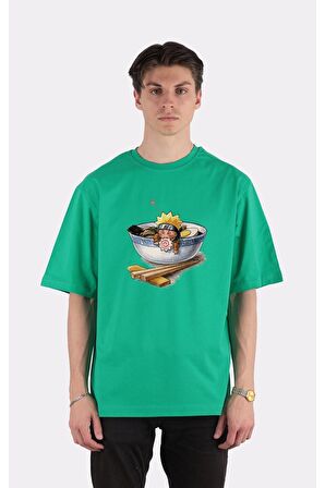 Yeşil %100 Pamuk Bisiklet Yaka Oversize T-shirt Zoro Samurai Wano Kuni Arc