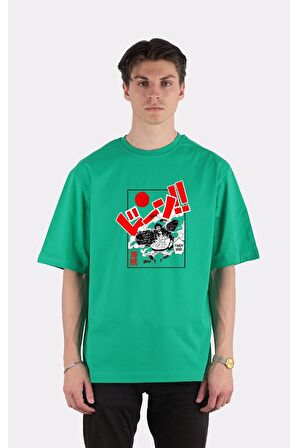 Yeşil %100 Pamuk Bisiklet Yaka Oversize T-shirt Zoro Samurai Wano Kuni Arc