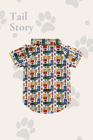 Köpek Kıyafeti, Vintage Balık Desenli, Premium Kumaş Küçük /Orta Irklar İçin Kedi/Köpek Gömleği