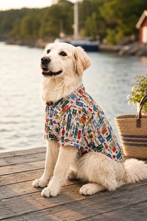 Köpek Kıyafeti, Vintage Balık Desenli, Premium Kumaş Küçük /Orta Irklar İçin Kedi/Köpek Gömleği