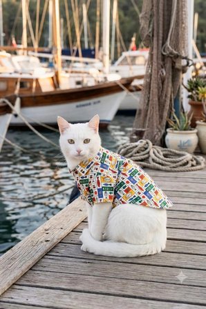 Köpek Kıyafeti, Vintage Balık Desenli, Premium Kumaş Küçük /Orta Irklar İçin Kedi/Köpek Gömleği