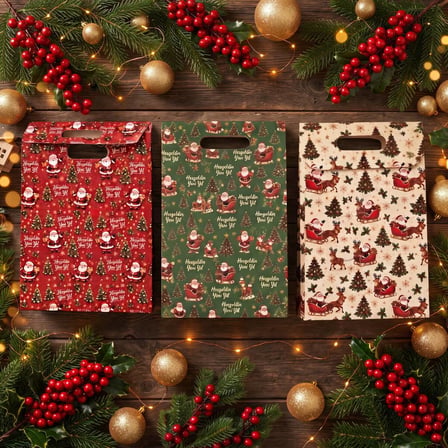 BakGelAl 3'lü Yılbaşı Hediye Çantası Seti 24x35x9 cm – Noel Baba ve Geyik Desenli Büyük Boy Yılbaşı Hediye Paketi Çantası