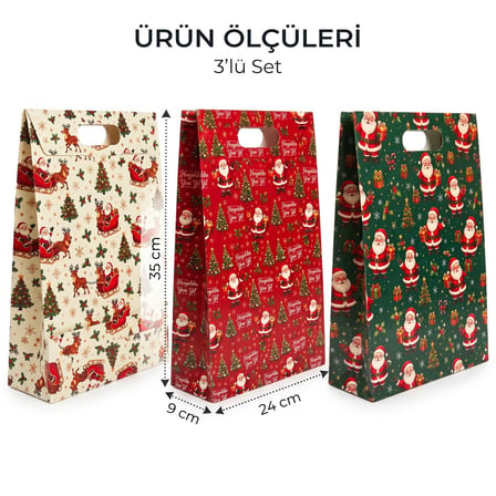 BakGelAl 3'lü Yılbaşı Hediye Çantası Seti 24x35x9 cm – Noel Baba ve Geyik Desenli Büyük Boy Yılbaşı Hediye Paketi Çantası