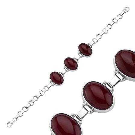 Silverlina Gümüş Kırmızı Akik Taşlı Oval El İşi Bileklik