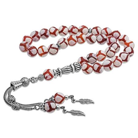 Silverlina Doğaltaş Metal Püsküllü Çizgili Akik Taşı Tesbih