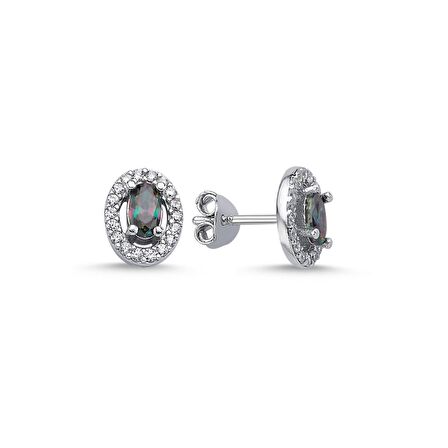 Silverlina Gümüş Halo Tektaş Oval Mistik Topaz Zirkon Taşlı Küpe