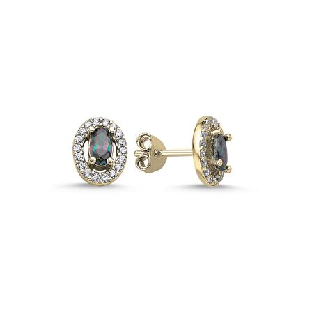 Silverlina Gümüş Halo Tektaş Oval Mistik Topaz Zirkon Taşlı Küpe