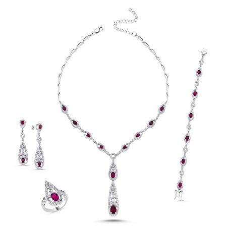 Silverlina Gümüş Zirkon Taşlı Kolye, Bileklik, Yüzük ve Küpe Set